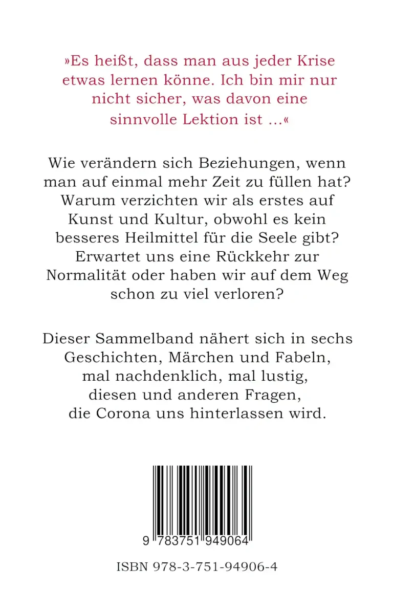 Klappentext der Kurzgeschichtensammlung "Corona-Storys: Kurzgeschichten aus der Quarantäne"